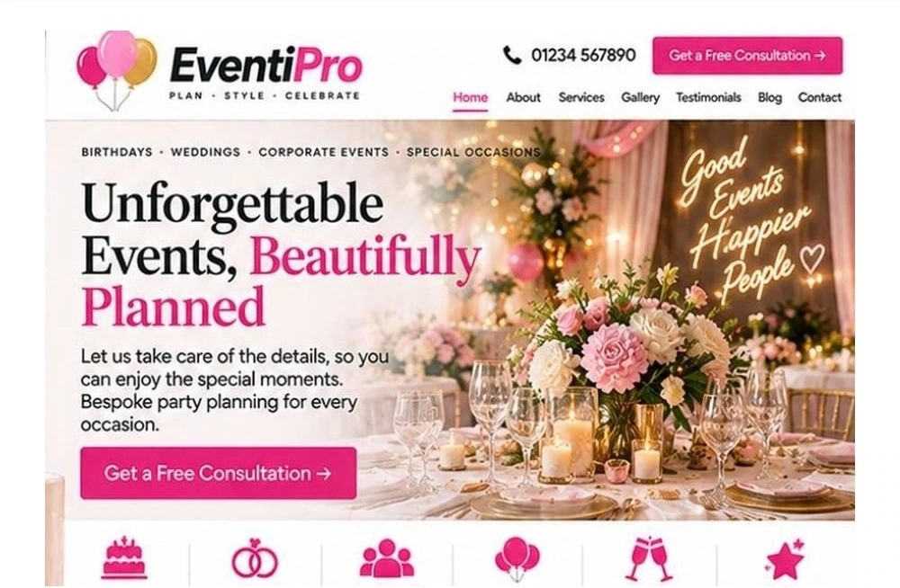 Full Party Planner website homepage preview