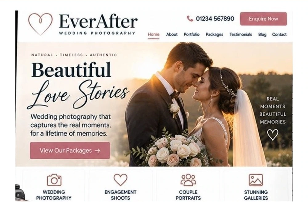 Full Wedding Photographer website homepage preview